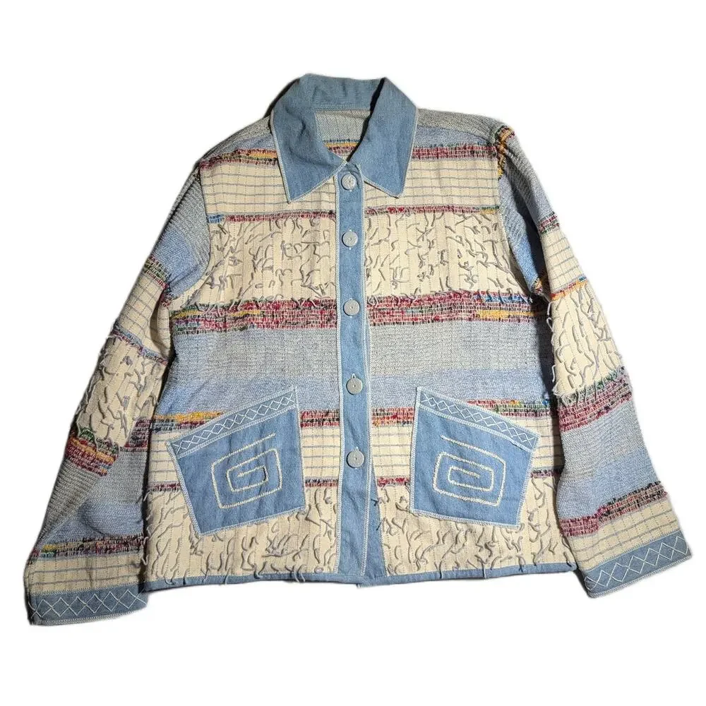 Vtg Y2K Yak Magik Blue Ivory Reversible Fringe Trim0 Blanket Woven Jacket S